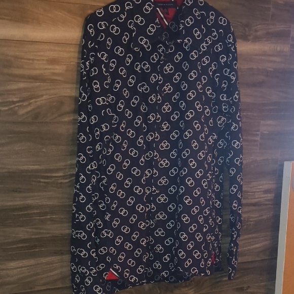 Tommy Hilfiger - Navy Blue "Interlocking Ring Print"  Long Sleeve Button Down - Picture 3 of 8